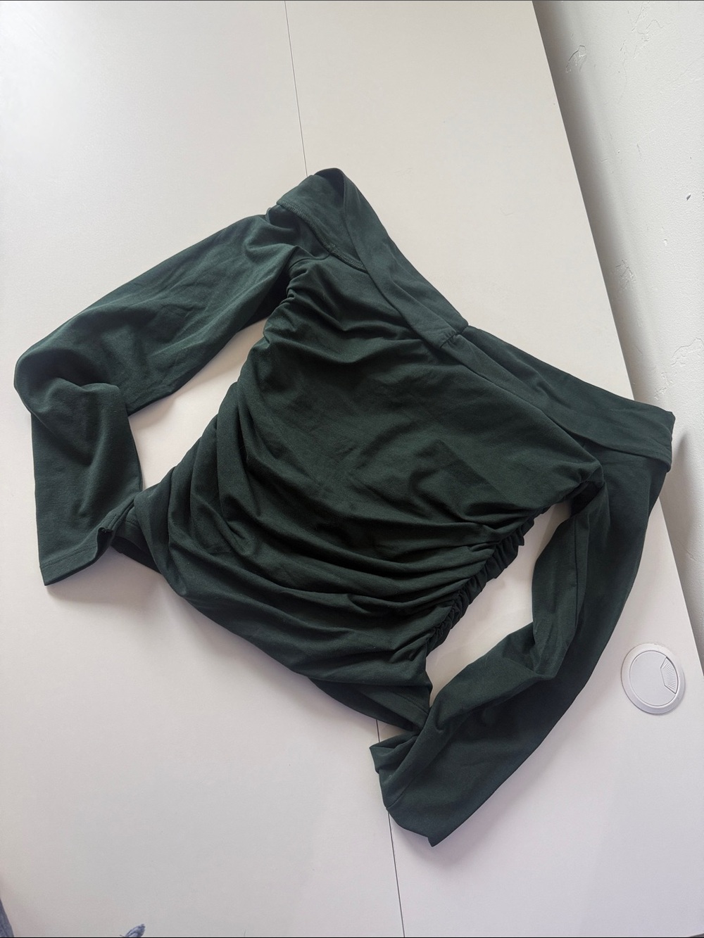 Abercrombie & Fitch Forest Green Off-Shoulder Ruched Top with Gold Accent - Picture 2 of 3